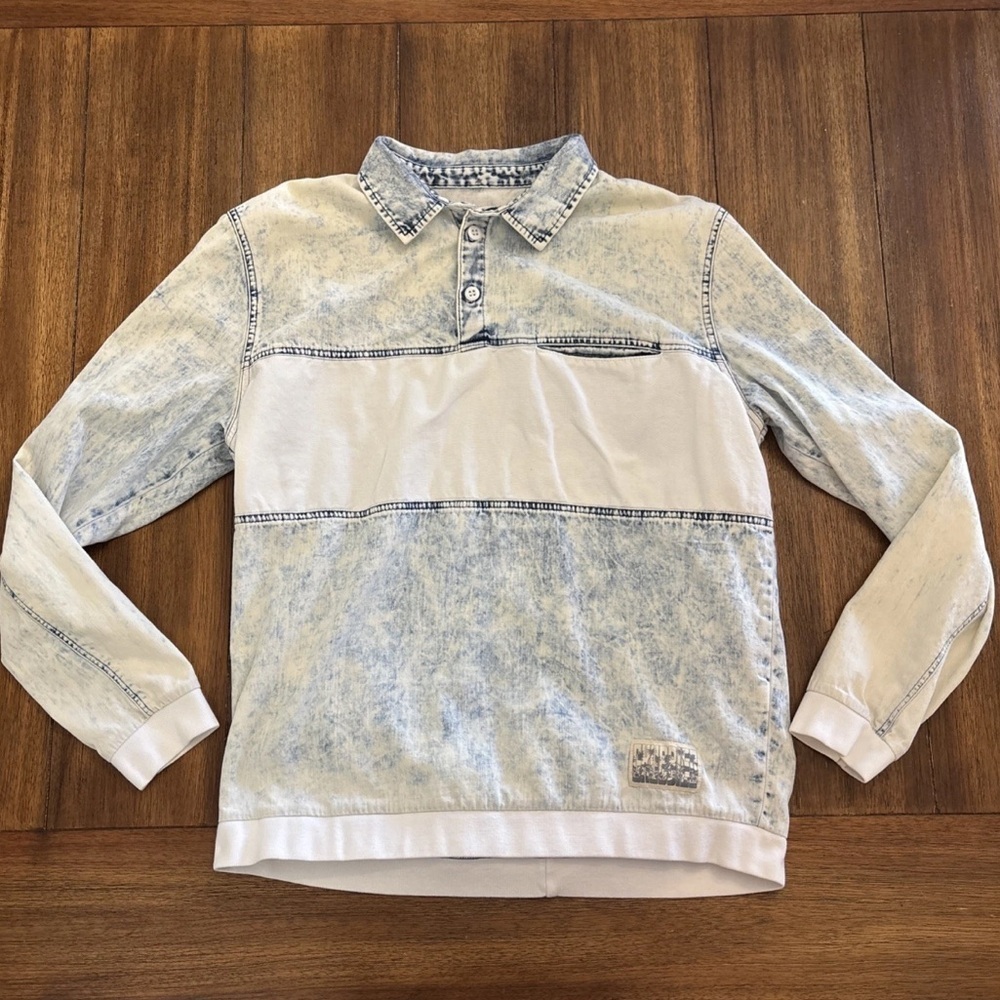Chubbies Mens Shirt Blue White Acid Wash Henley Collar Pocket Pullover Medium